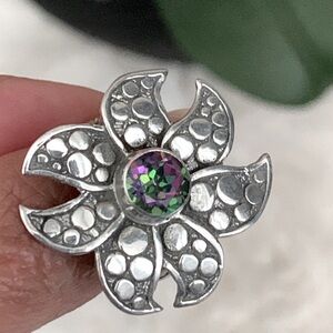 🌺 Gorgeous 925K Solid Sterling Silver Dot Mystic Topaz Flower Boho Ring Sz 6.5